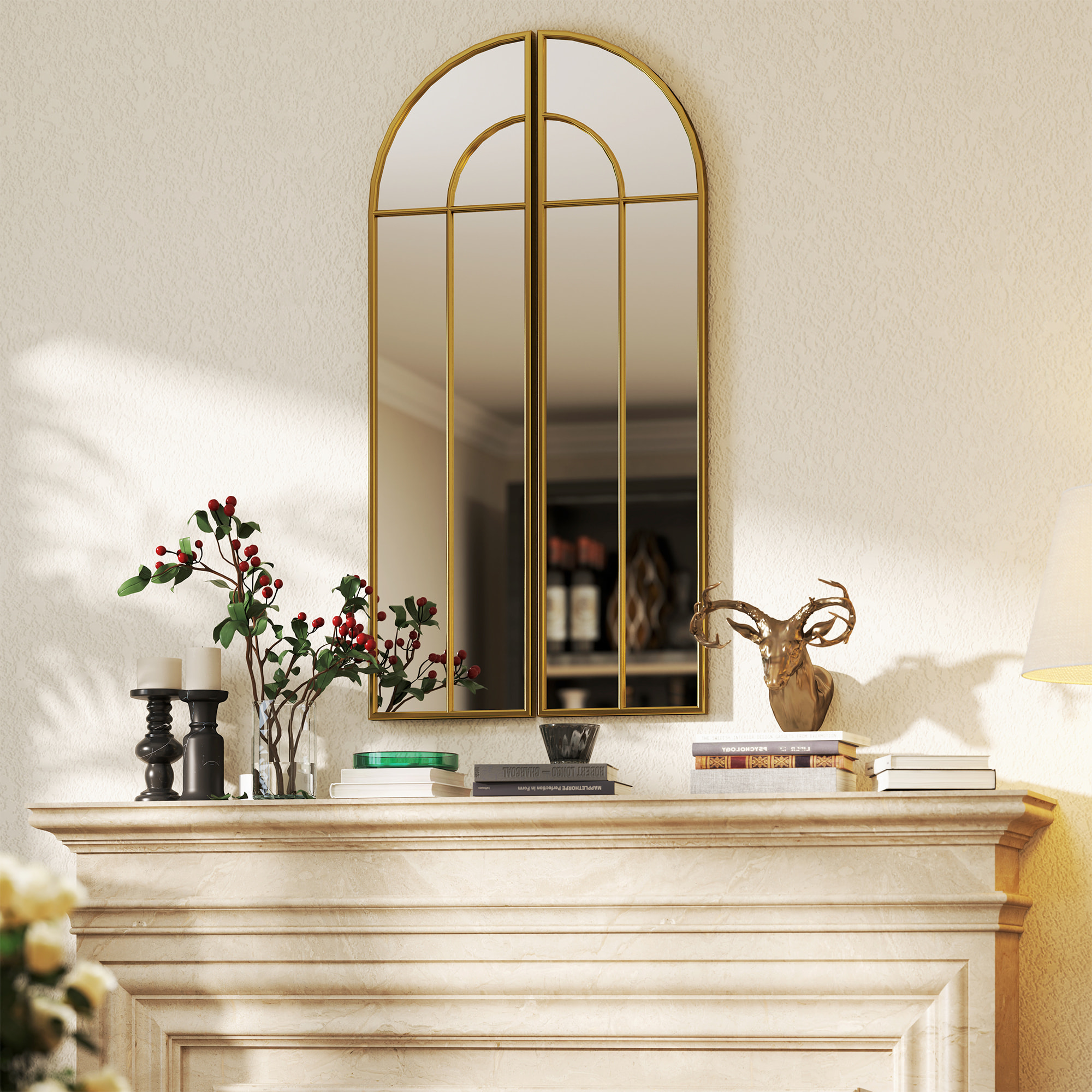 Espejo Decorativo de Pared de 2 Piezas 30x120 cm Espejo de Ventana con Diseño en Arco y Marco de Metal Espejo para Salón Dormitorio Entrada Dorado