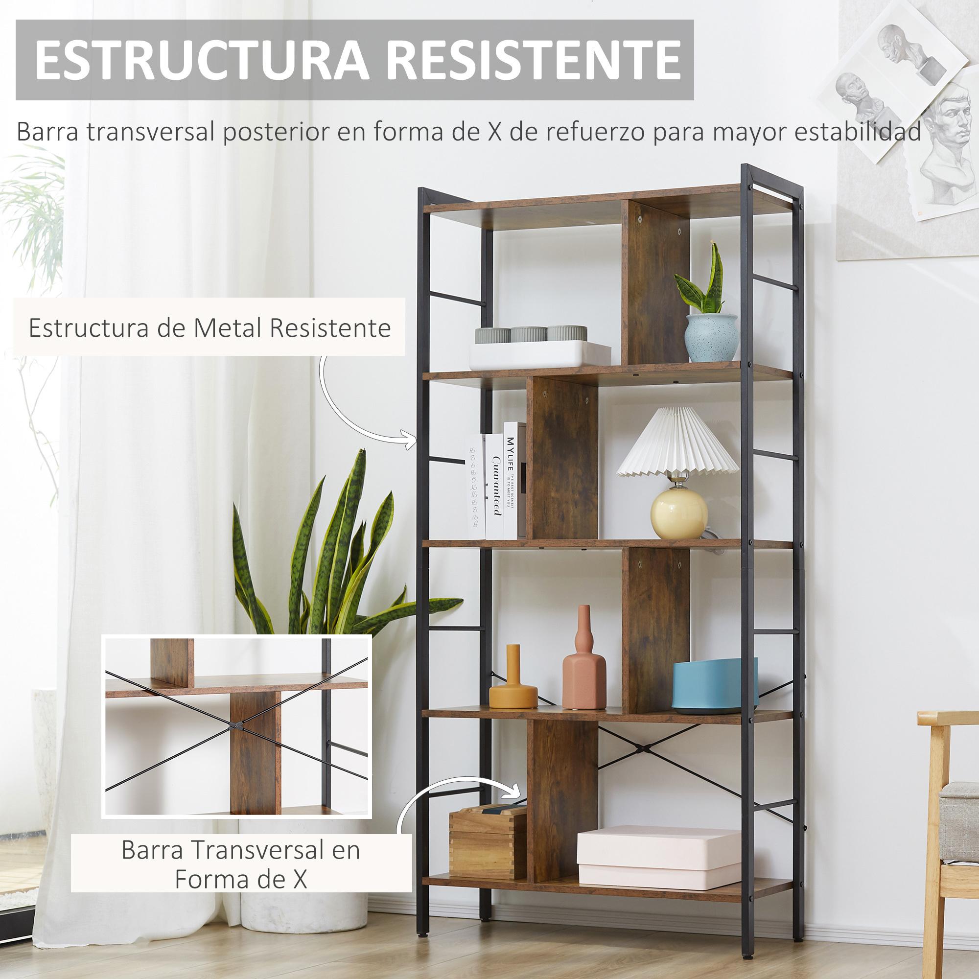 HOMCOM Estantería Librería de 4 Niveles con 8 Compartimentos de Almacenamiento Estilo Industrial para Sala de Estar Oficina Dormitorio 74x30x157,5 cm Marrón Rústico