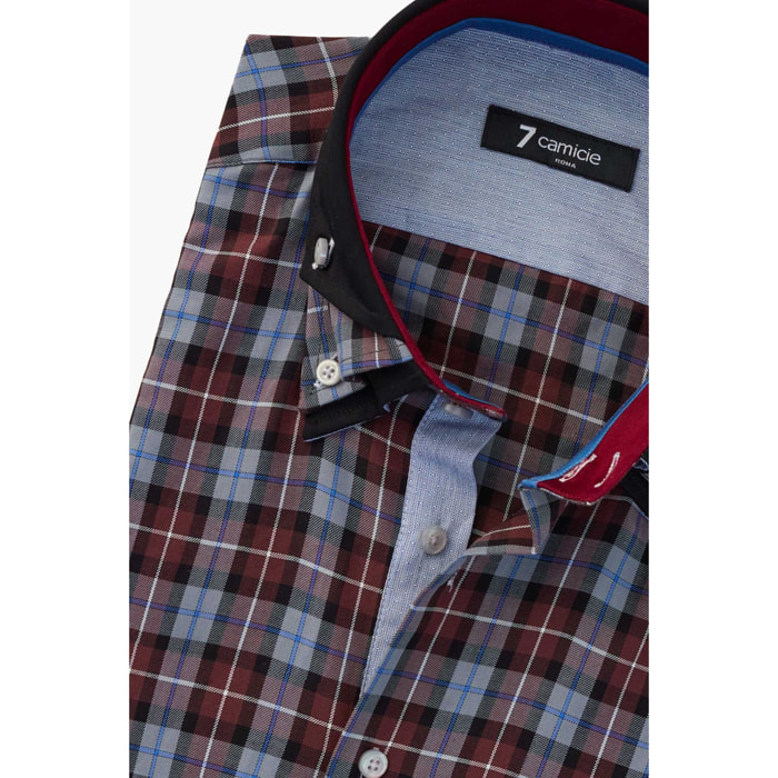Camicia Uomo 2 Bottoni Button Down Triplo Collo Slim Twill Quadro Grande Bordeaux/Nero