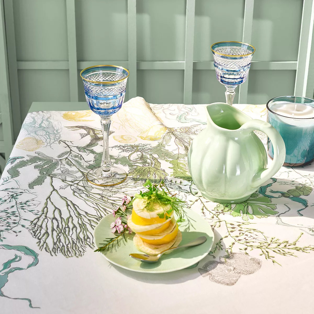 Nappe lin & coton lavé 150 g/m² imprimé blanc bleu vert Balade marine verde