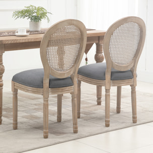 Lot de 2 chaises de salle à manger - chaise de salon médaillon style Louis XVI - bois massif sculpté, patiné - dossier cannage - aspect lin gris