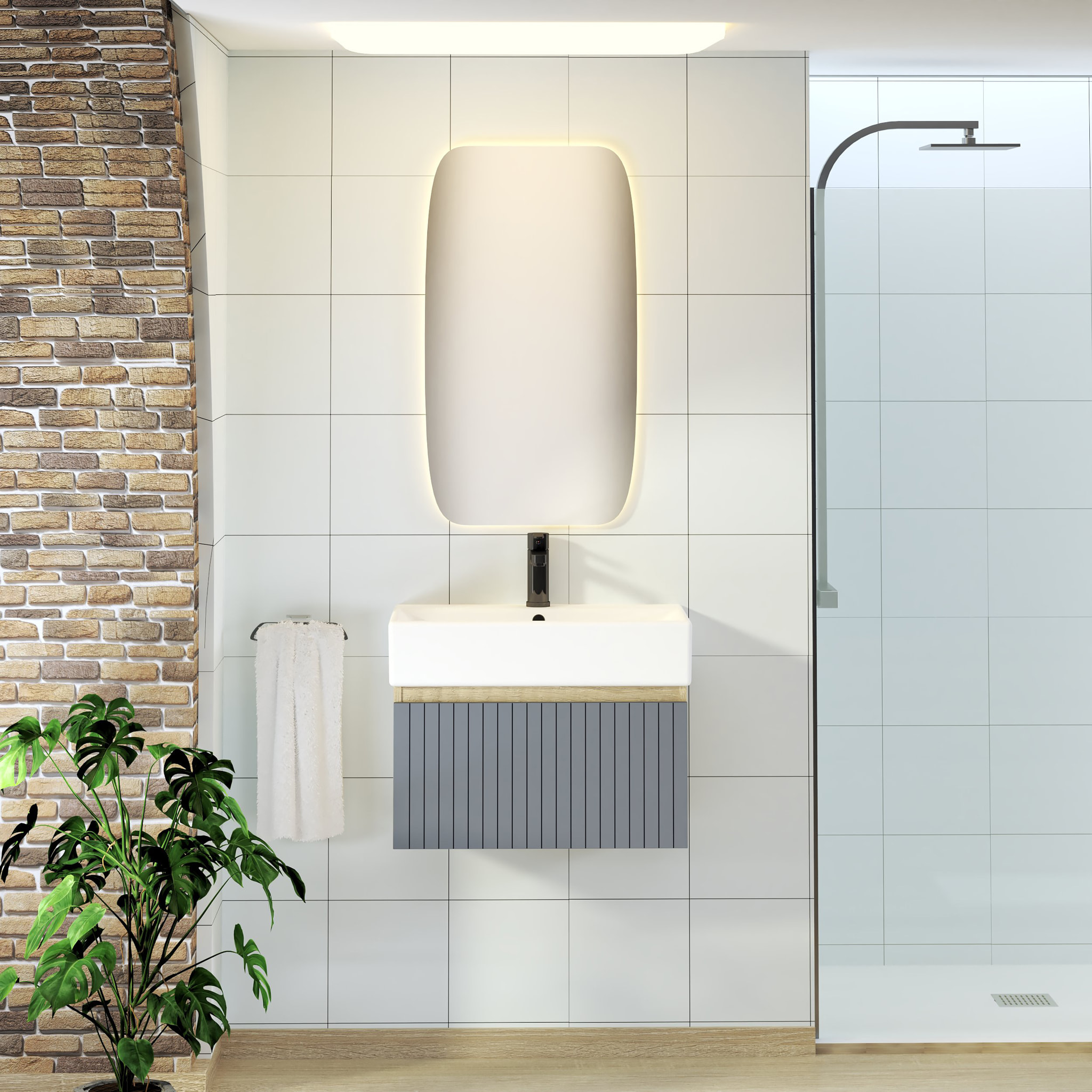 Conjunto de Baño Zel | Mueble Suspendido | 60 cm Azul | Un Cajón | Lavabo Encastrado | No incluye Espejo | Mueble Montado| Alday