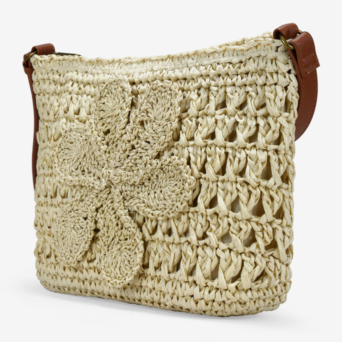Bolso bandolera beige en rafia con flor