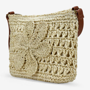 Bolso bandolera beige en rafia con flor