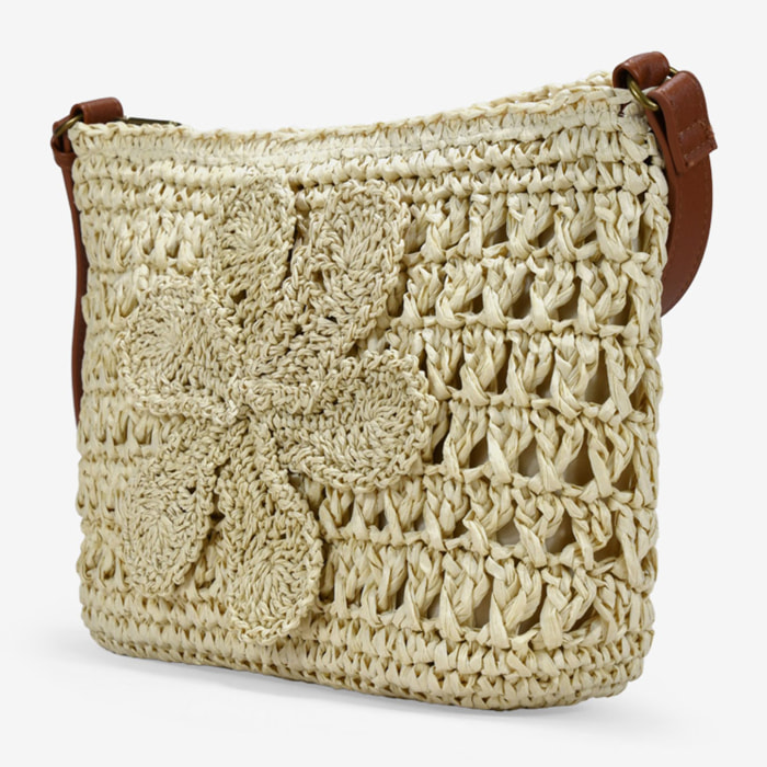 Bolso bandolera beige en rafia con flor