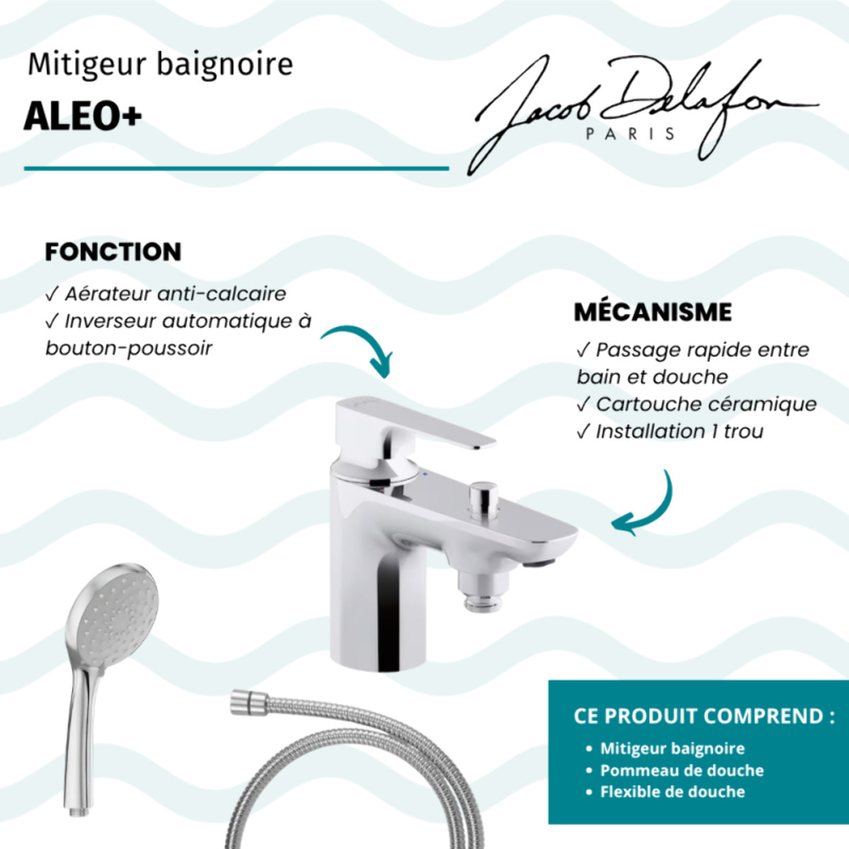 Mitigeur baignoire Aleo+ + pommeau de douche Awaken + flexible de douche métal