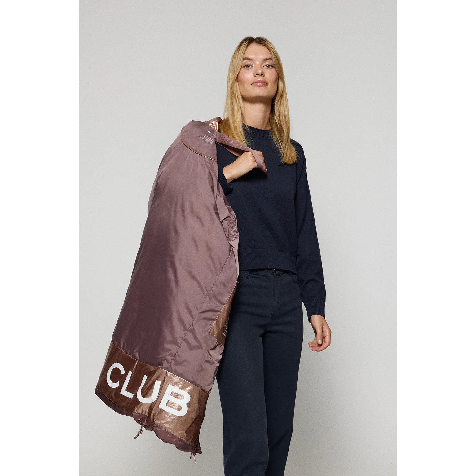 Giacca rosa tortora Rose lunga e trapuntata con cappuccio fisso e particolari Polo Club