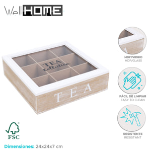 Well home caja de té de 9 compartimentos con tapa de vidrio en mdf blanco