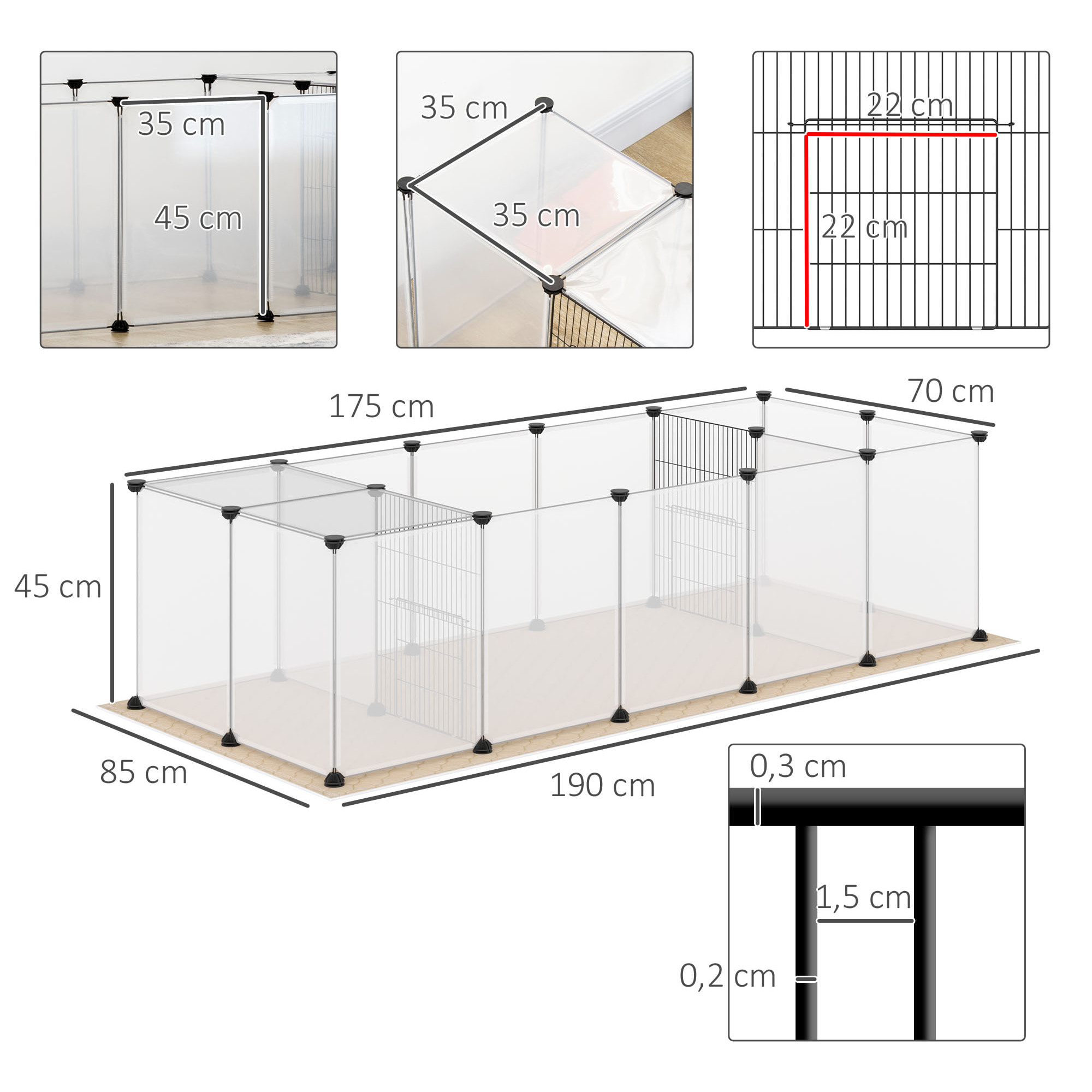 Valla para Mascotas DIY con Alfombrilla Parque para Animales Pequeños con 20 Paneles de Resina Jaula Modular para Cobayas Conejos Chinchillas 175x70x45 cm Blanco