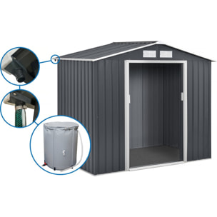 Abri de jardin métal - "Vegas" - 5.29 m² avec gouttière et récupérateur d'eau - Gris