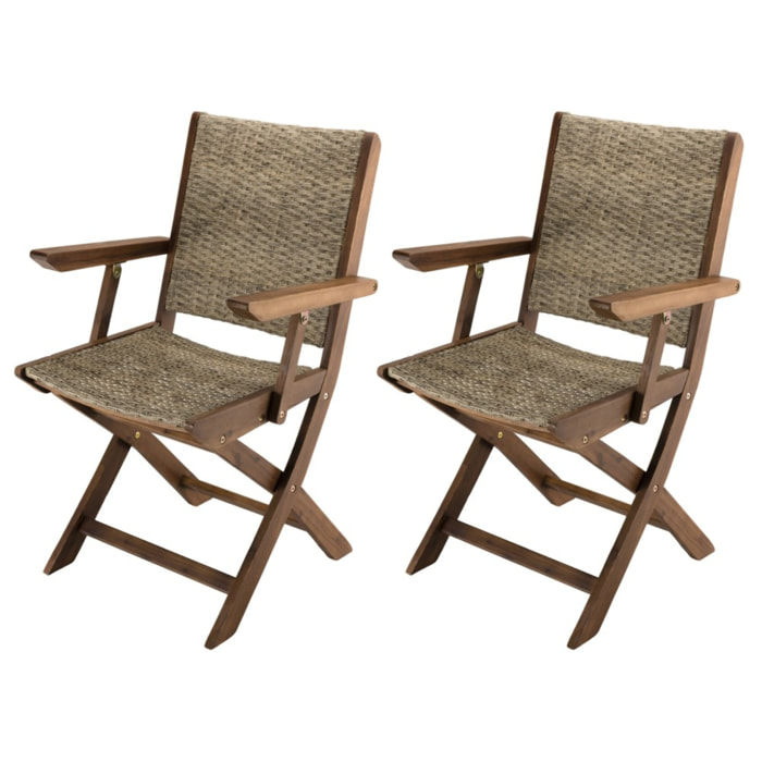 VICK - Ensemble de 2 fauteuils de jardin pliants en bois Acacia et rotin synthétique