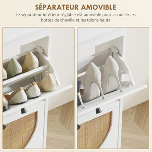 Meuble à chaussures 4 portes abattantes style bohème - façades motif semi-circulaire rotin - pieds bois aspect bois blanc