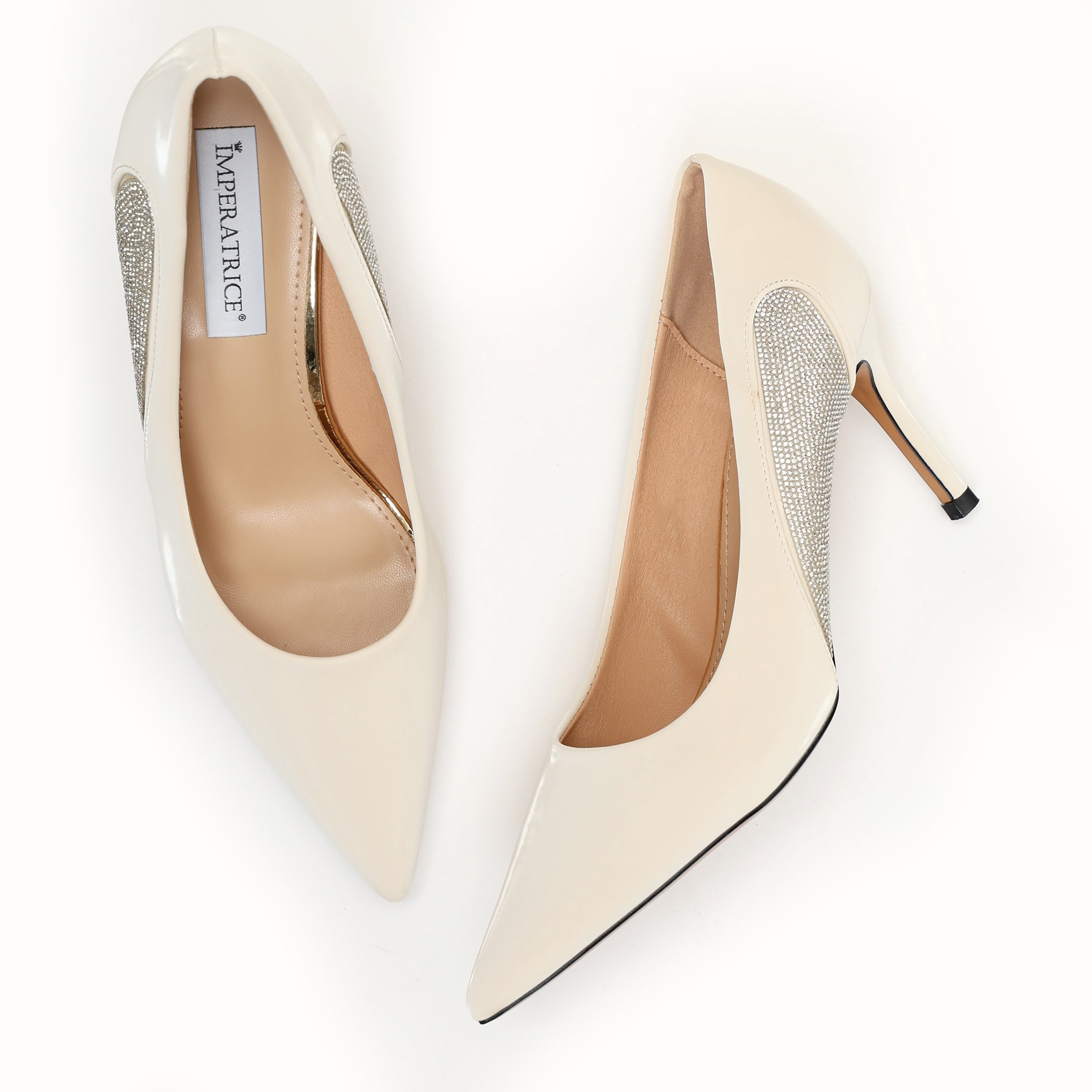 Dècolletè pumps in simil pelle verniciata con strass laterali