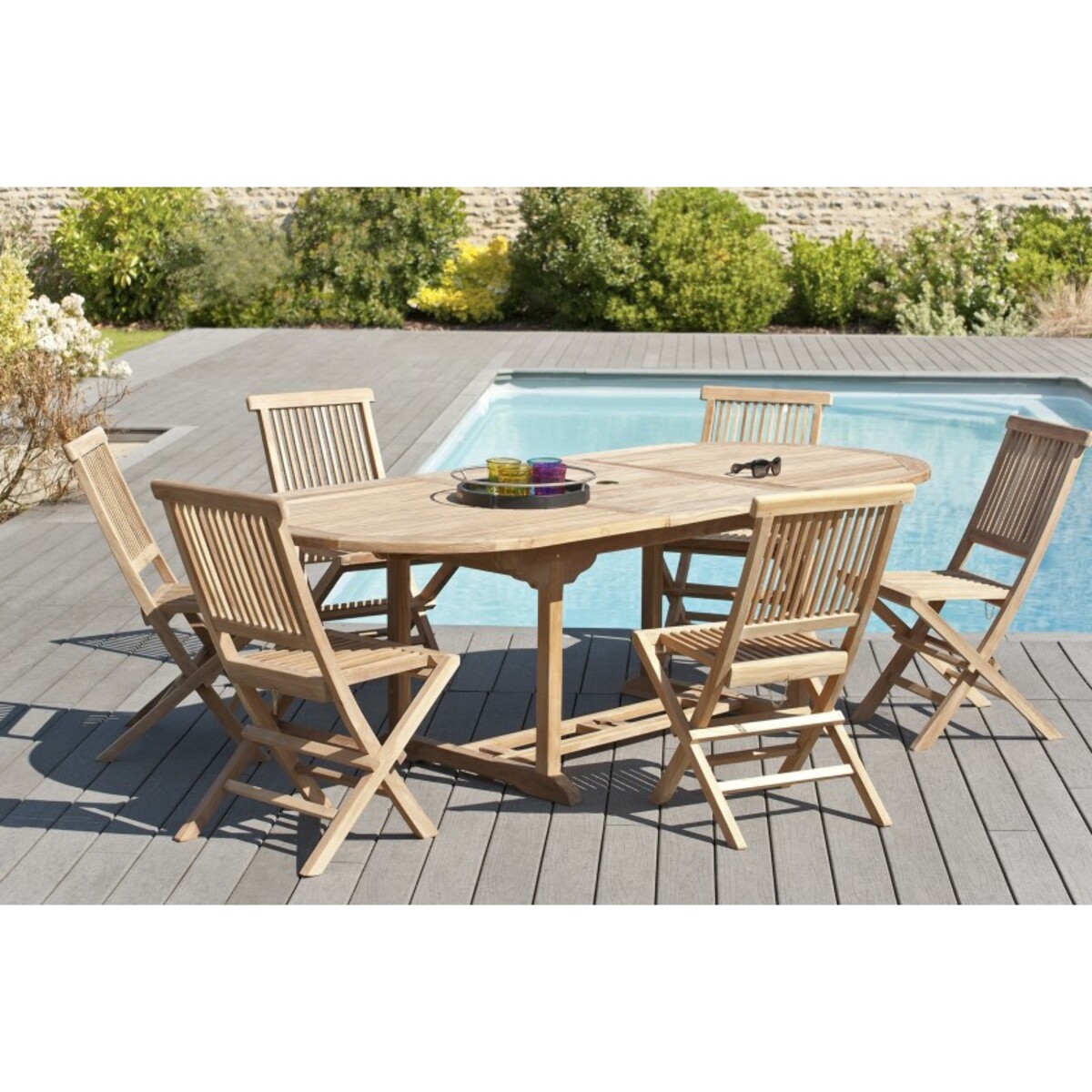 FUN - SALON DE JARDIN EN BOIS TECK 8/10 pers : Ensemble de jardin - 1 Table ovale extensible 180*240/100 cm et 6 chaises