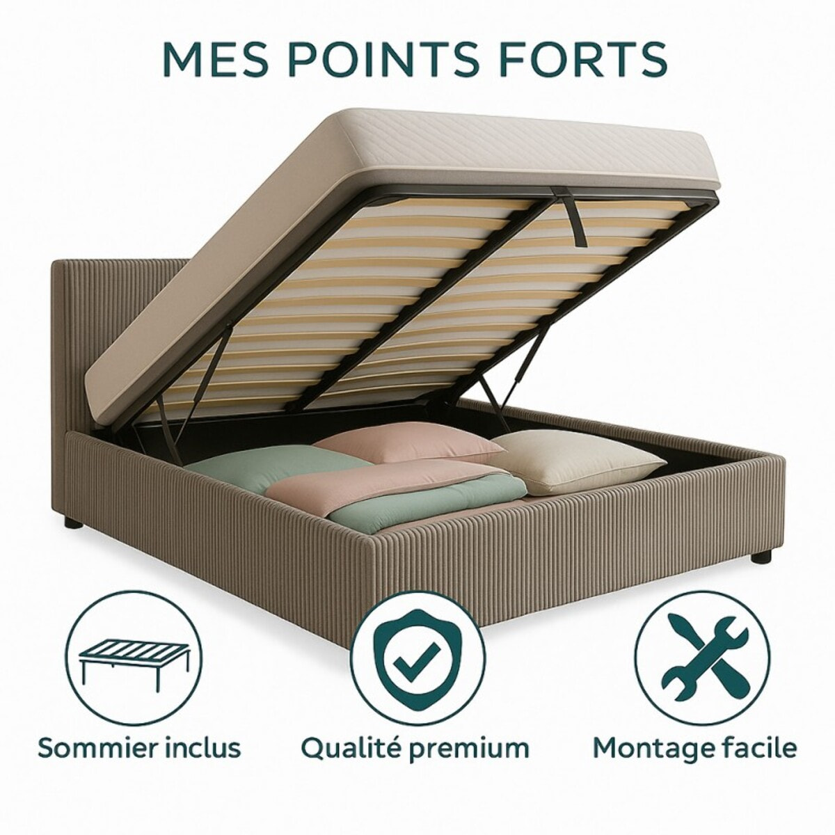 Lit coffre Colisée avec tête de lit | Robuste et confortable | Montage simple rapide | Velours Côtelé | Gris clair