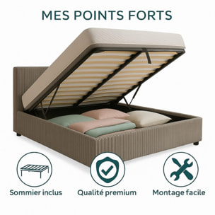 Lit coffre Colisée avec tête de lit | Robuste et confortable | Montage simple rapide | Velours Côtelé | Gris clair
