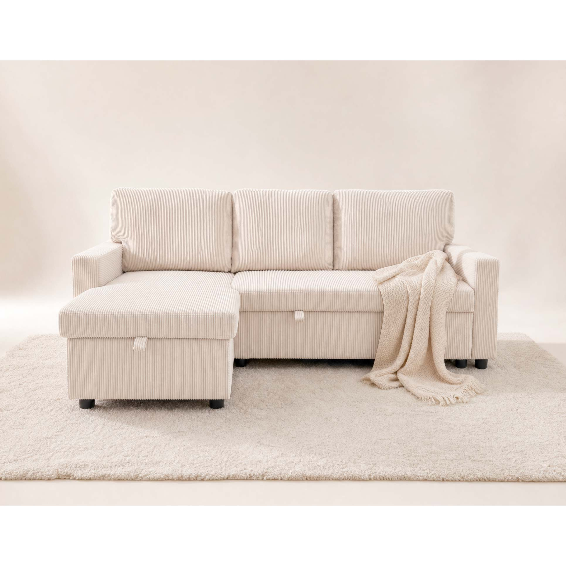 Meiya - Canapé d'angle réversible 4 places convertible avec coffre en velours côtelé - Beige