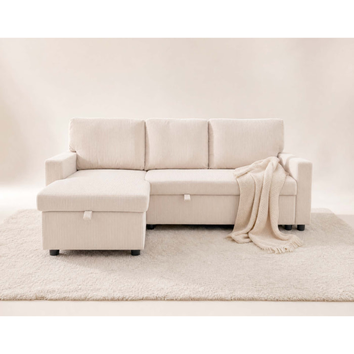 Meiya - Canapé d'angle réversible 4 places convertible avec coffre en velours côtelé - Beige