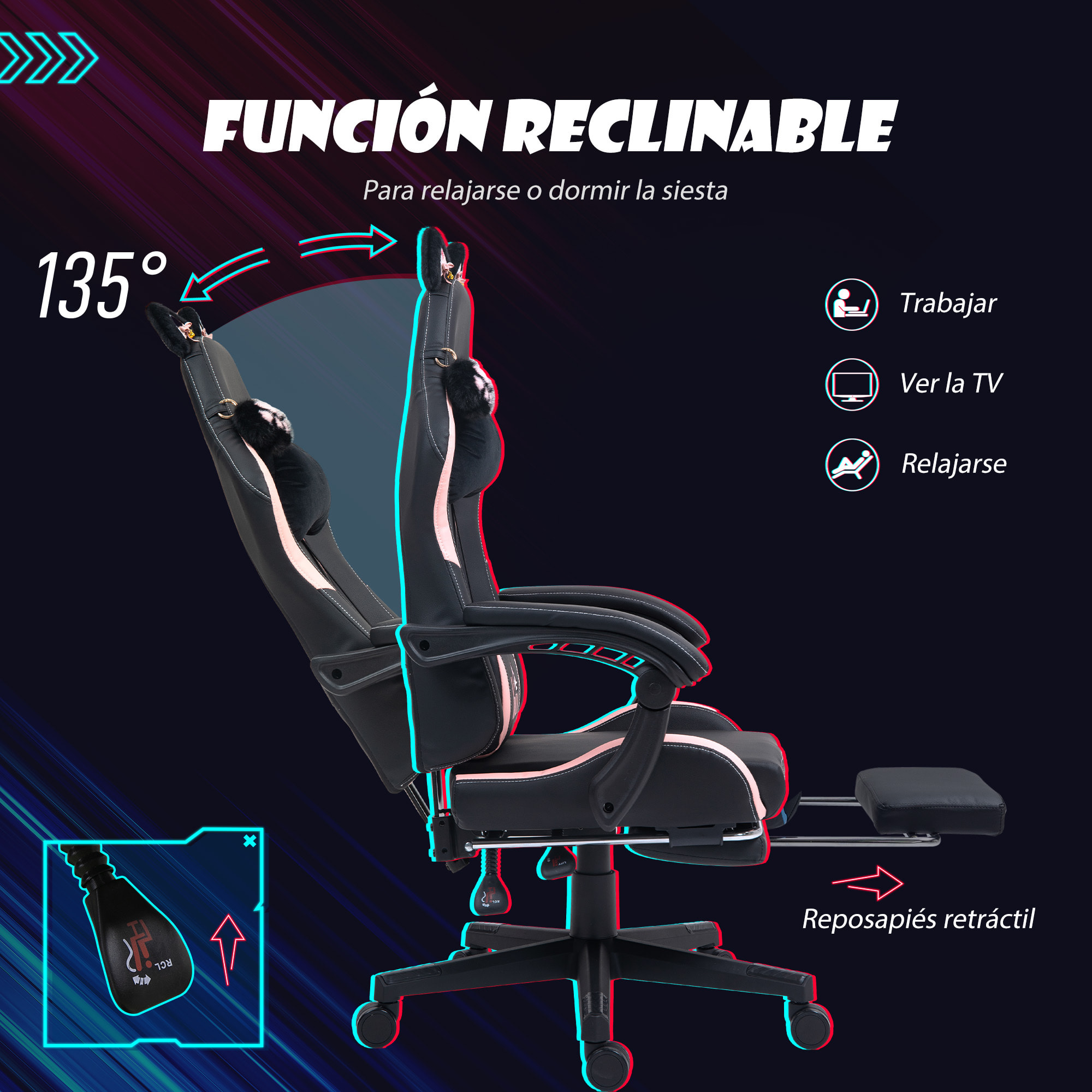 Silla Gaming con Orejas Silla Gamer Reclinable con Altura Ajustable Reposapiés Retráctil Soporte Lumbar y Reposacabezas Desmontable Silla para Oficina Estudio Negro