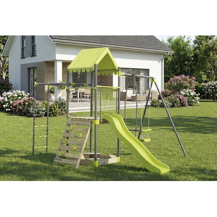 Aire de jeu portique en métal avec toboggan et bac a sable "Lucien" - Vert