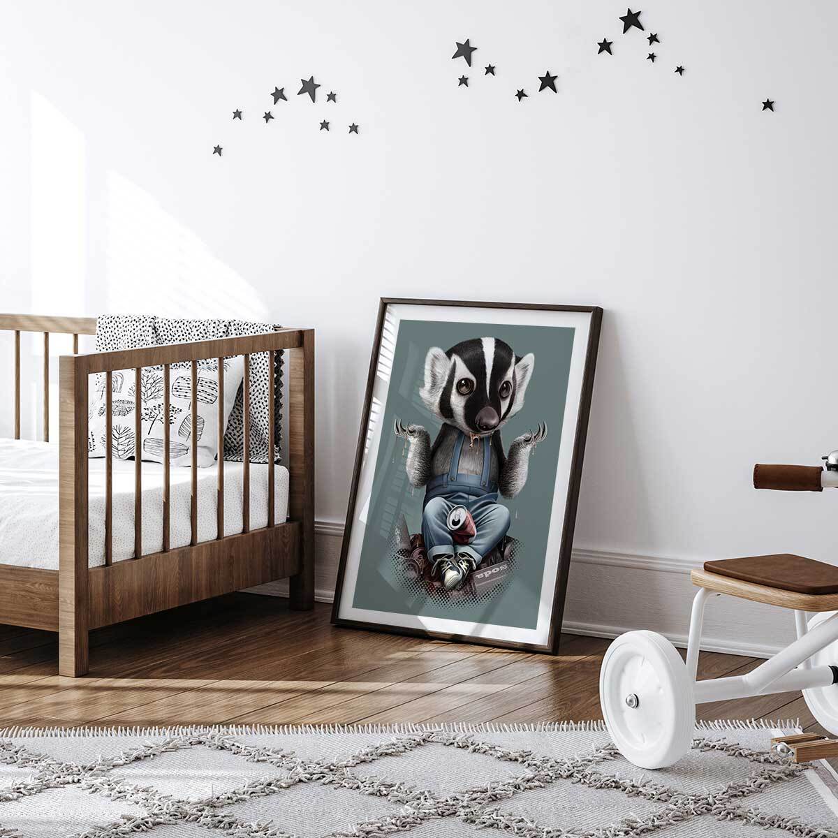 Affiche enfant frisson de blaireau  Affiche + cadre en bois - Noir