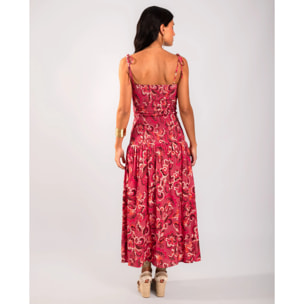 Vestido midi estampado con cuerpo fruncido y tirantes ajustables