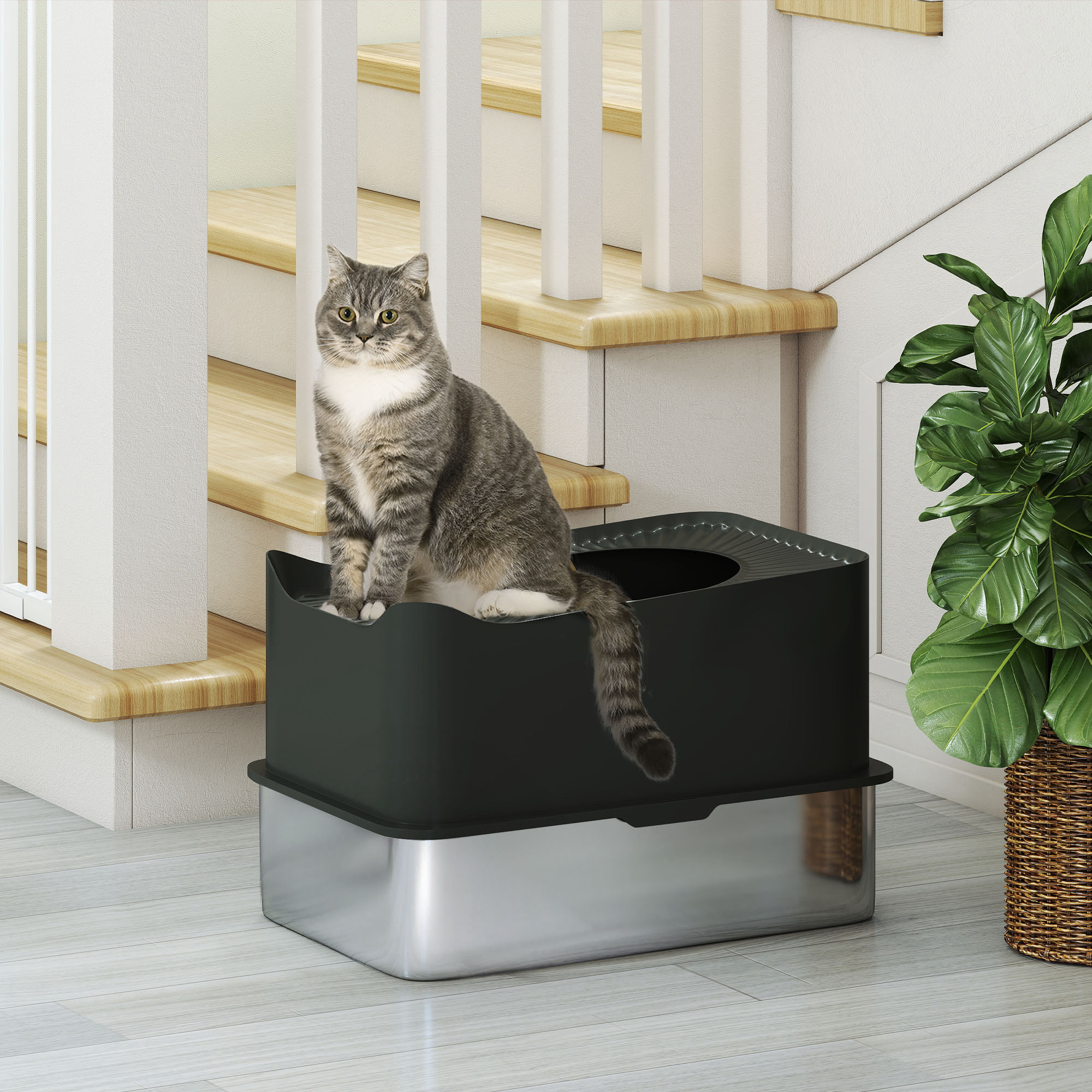 Maison de toilette XL 65L design - bac à litière grande taille 60 x 40 x 38 cm - acier inox ABS noir