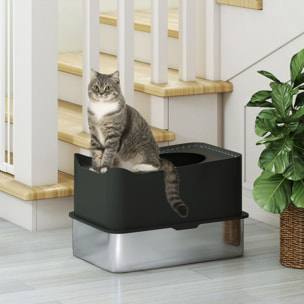 Maison de toilette XL 65L design - bac à litière grande taille 60 x 40 x 38 cm - acier inox ABS noir