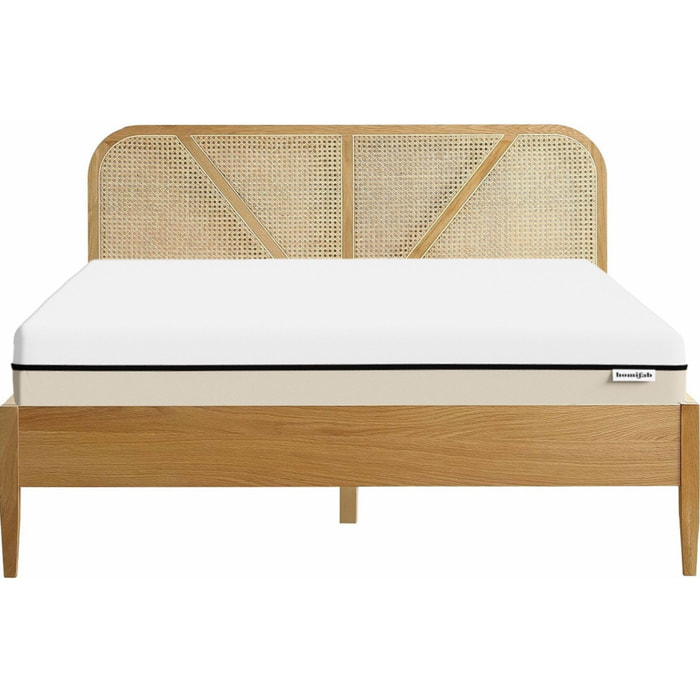 Lit en bois et cannage + Matelas Hybride - LEONIE & SPRING ELITE