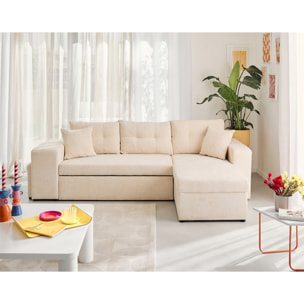 California - canapé d'angle réversible 4 places - convertible avec coffre, étagère et poufs - en velours texturé - Beige