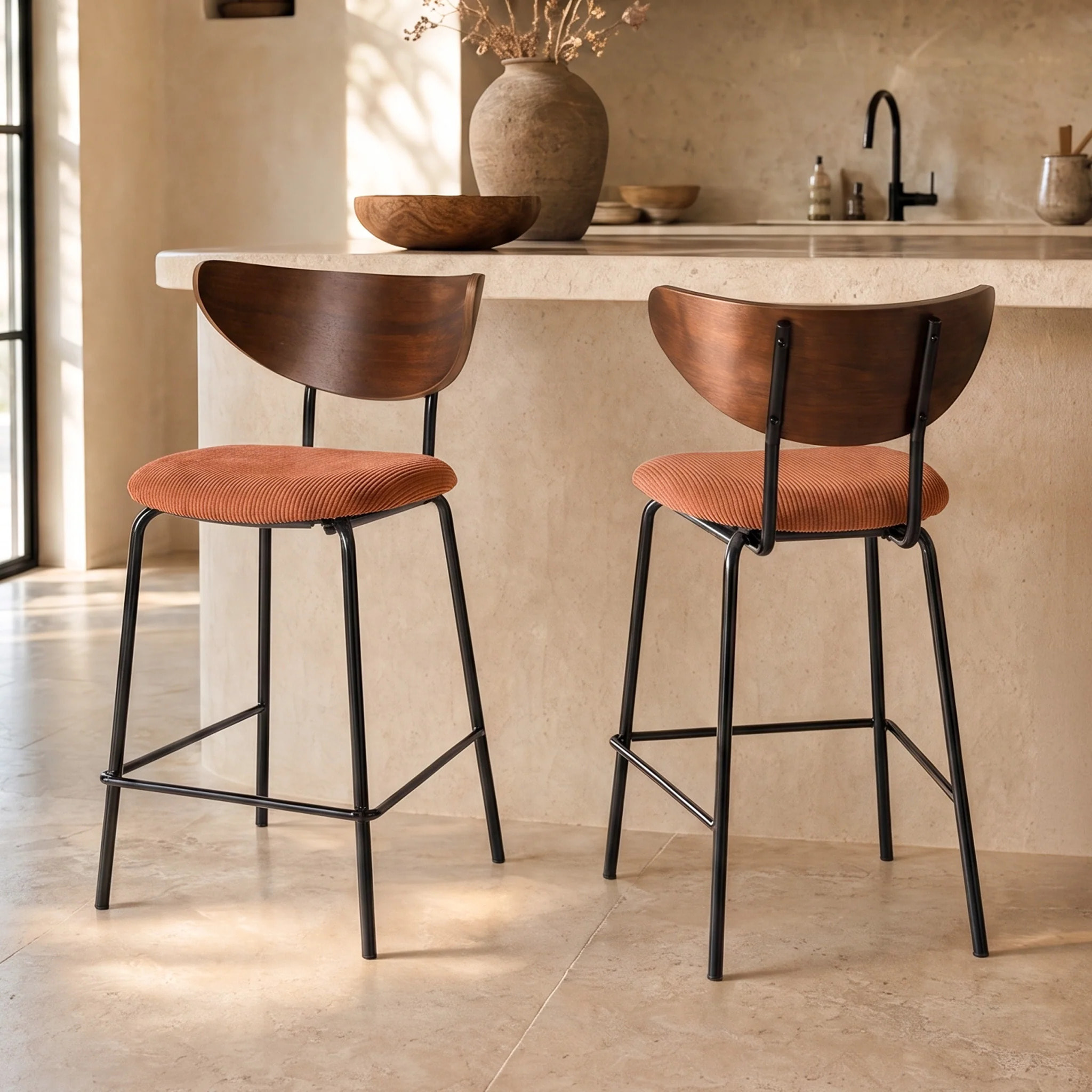 Lot de 2 chaises pour îlot central, velours côtelé terracotta 64.5 cm - Jade