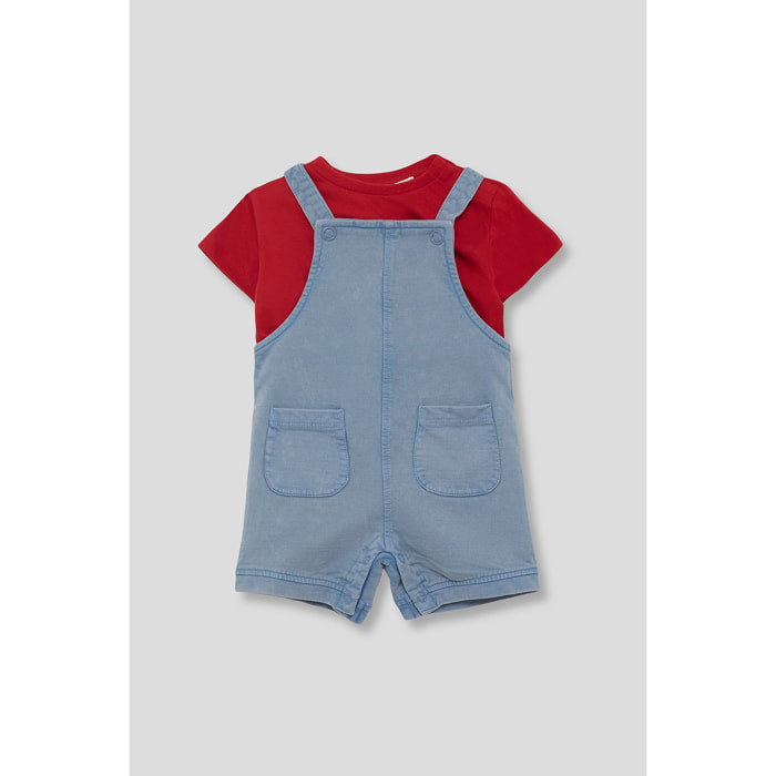 Conjunto de camiseta lisa y peto corto estilo vaquero con bolsillos frontales tipo overol | Color: Azul medio | Street Monkey