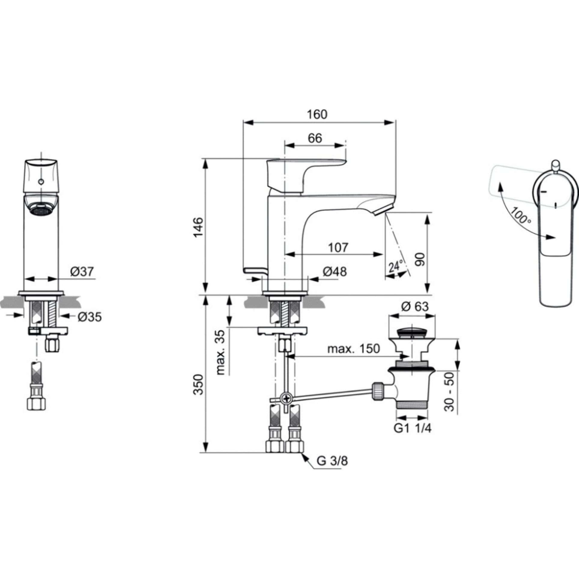 IDEAL STANDARD Mitigeur lavabo Connect Air avec tirette et vidage Or