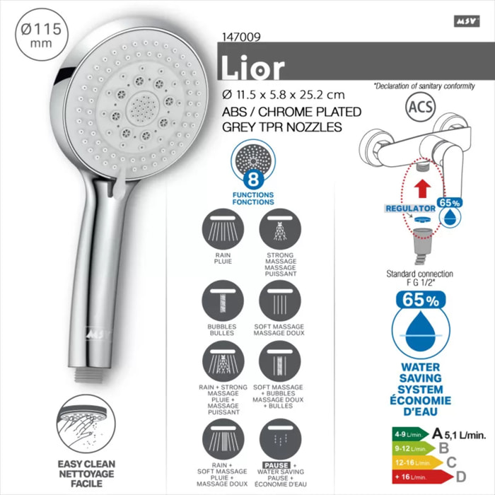 Pommeau de douche MSV Lior Ø 115 mm – 8 fonctions – Économie d'eau 65 % – Chromé