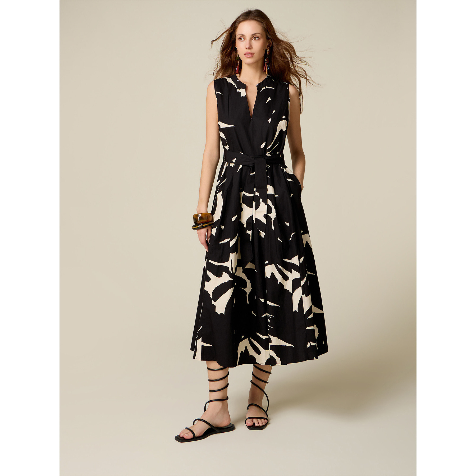 Oltre - Vestido flare en popelina estampada - Negro