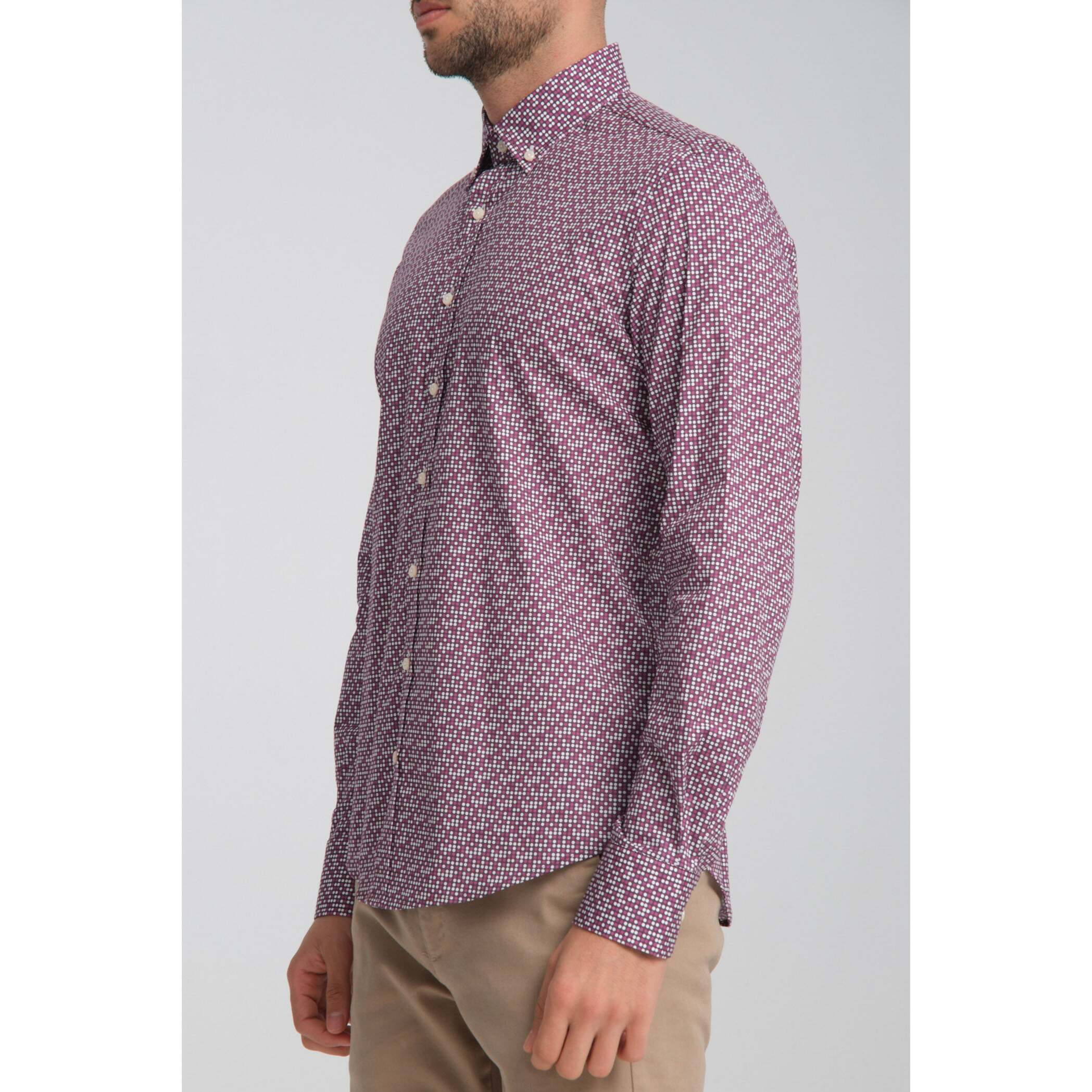 camicia uomo 1 bottone button down slim Popeline Stretch Stampato viola melanzana e viola ciclamino