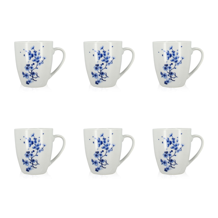 Lot de 6 mugs 36cl en porcelaine blanche et dessin bleu CENTAUREE