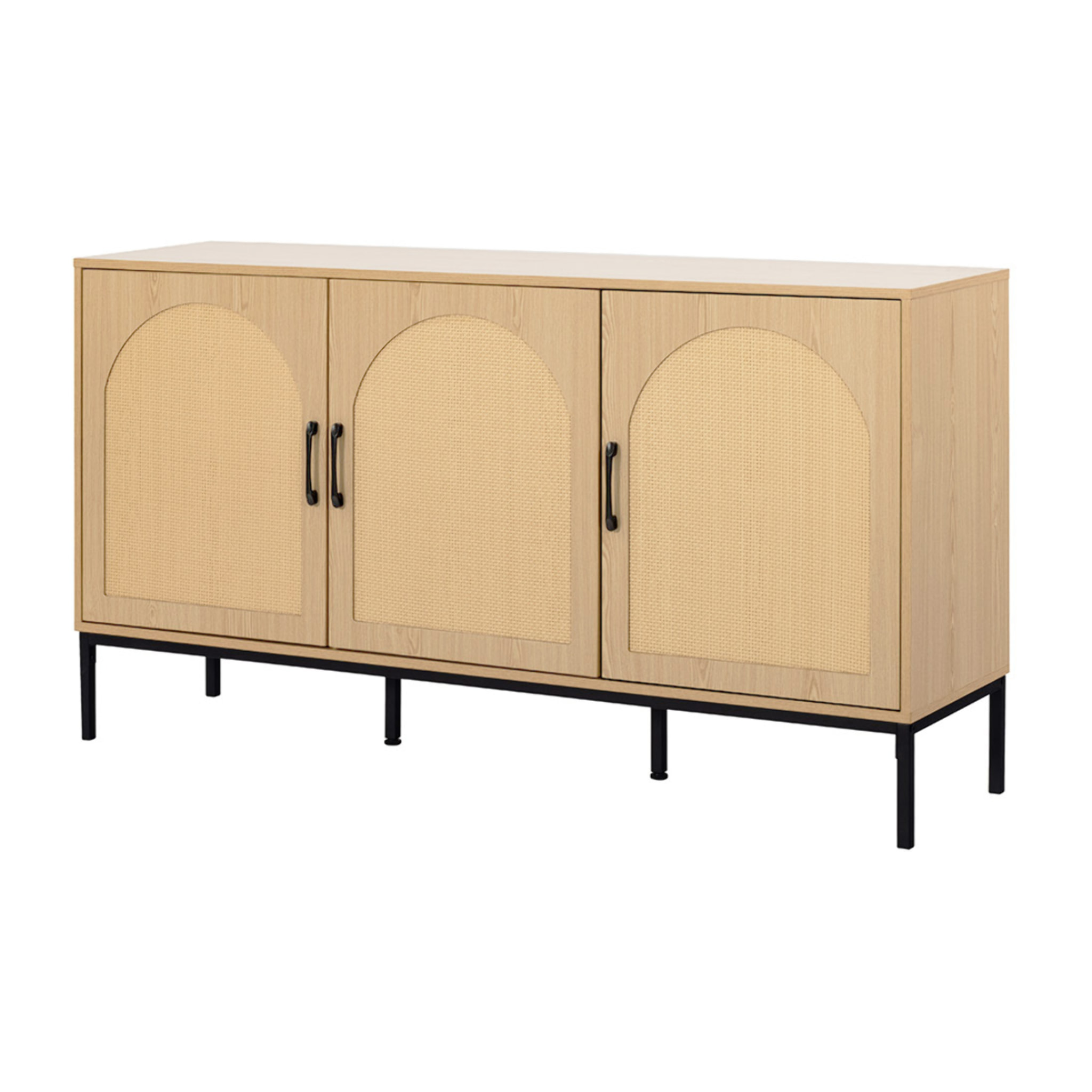 Nagato - buffet bas - cannage et effet bois - 3 portes - 150 cm - Bois / Noir
