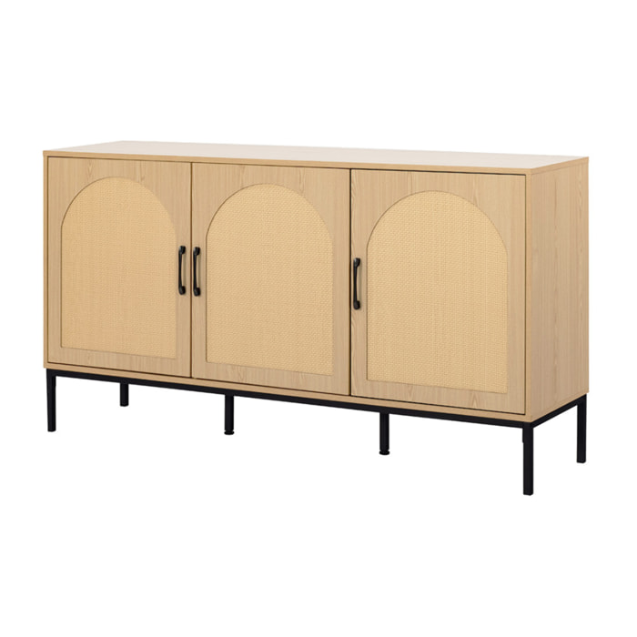 Nagato - buffet bas - cannage et effet bois - 3 portes - 150 cm - Bois / Noir