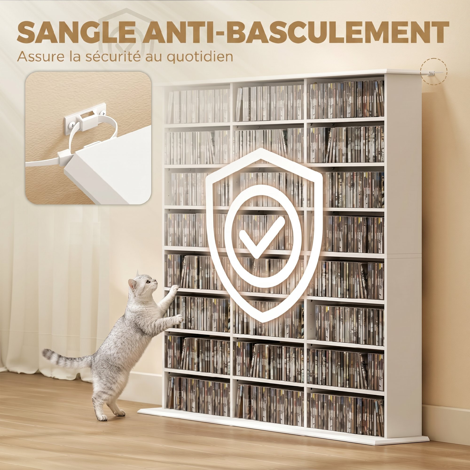 Rangement CD et DVD 24 compartiments 18 étagères réglables blanc