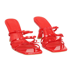 Mules open toe donna rosse in vernice con fiocchi, tacco 7 cm