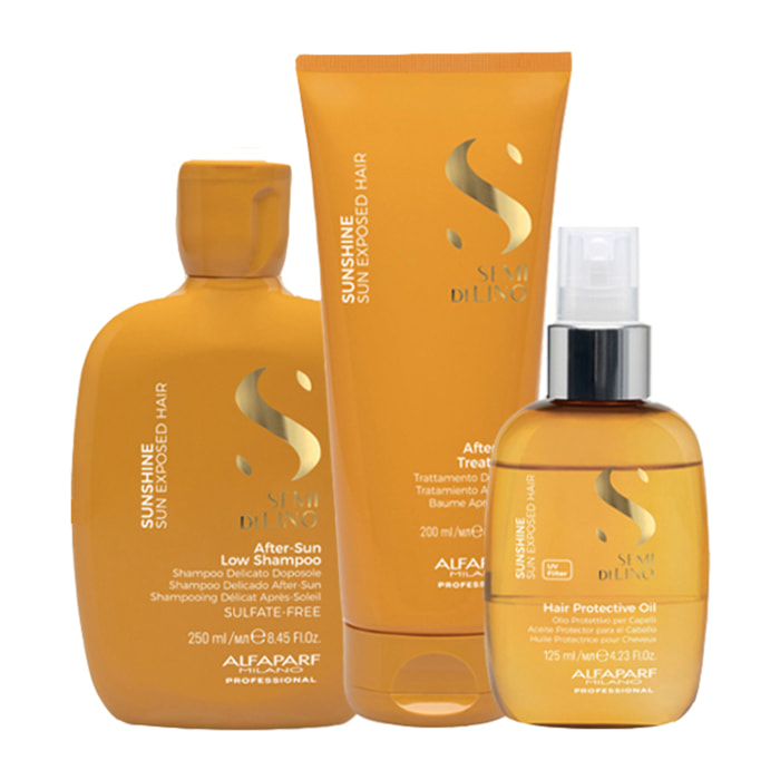 Kit ALFAPARF MILANO Semi Di Lino Sunshine: Champú 250 ml + Tratamiento 200 ml + Aceite 125 ml + Bolsa de regalo