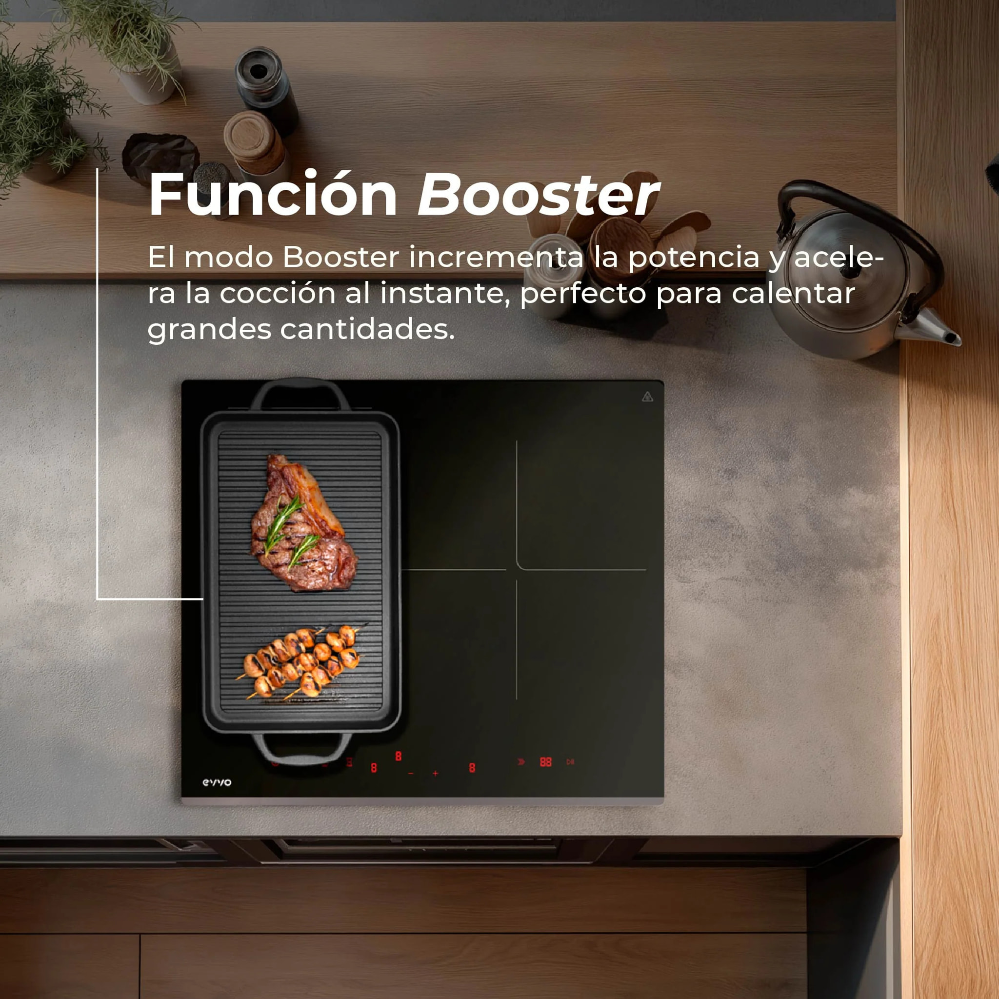 Placa de Inducción EVVO V62, 4 zonas (incluye zona flexible), 7200W, Booster, control táctil, cristal negro