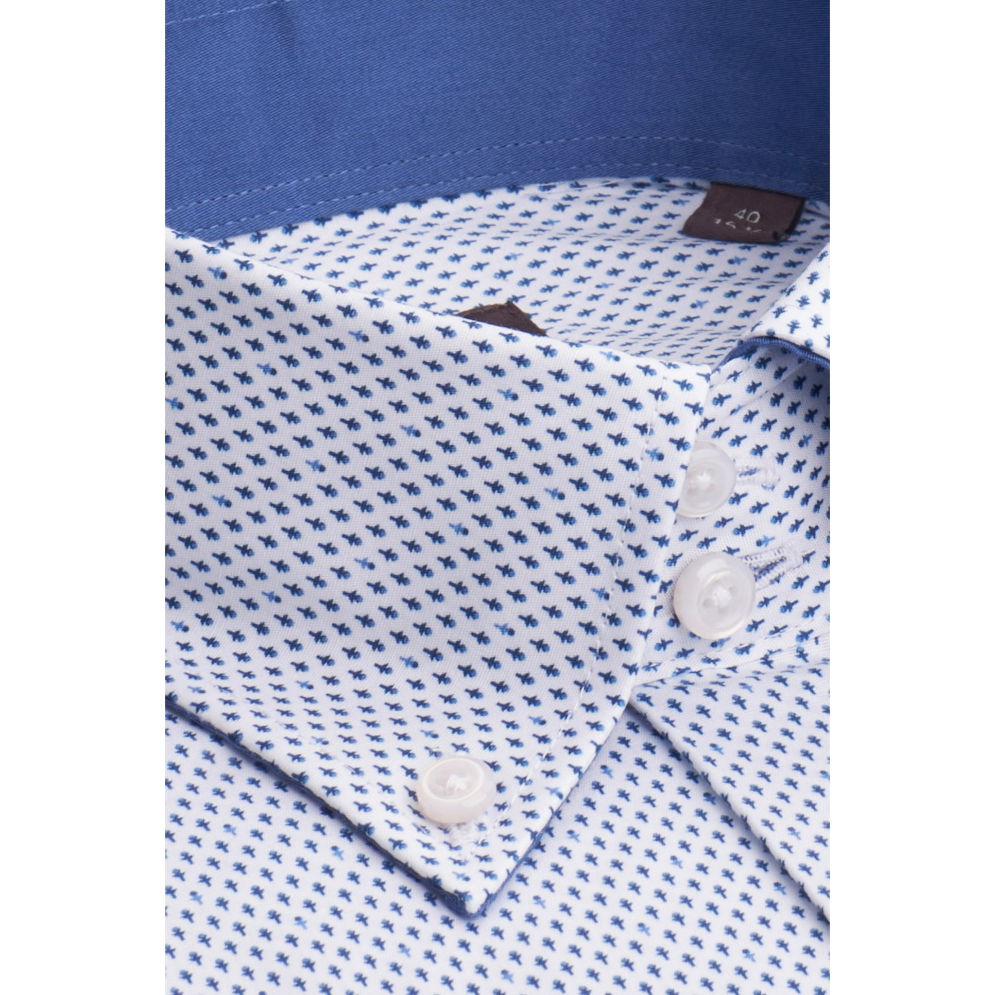 Camicia Uomo 2 Bottoni Button Down Slim Popeline Stampato Bianco e Blu