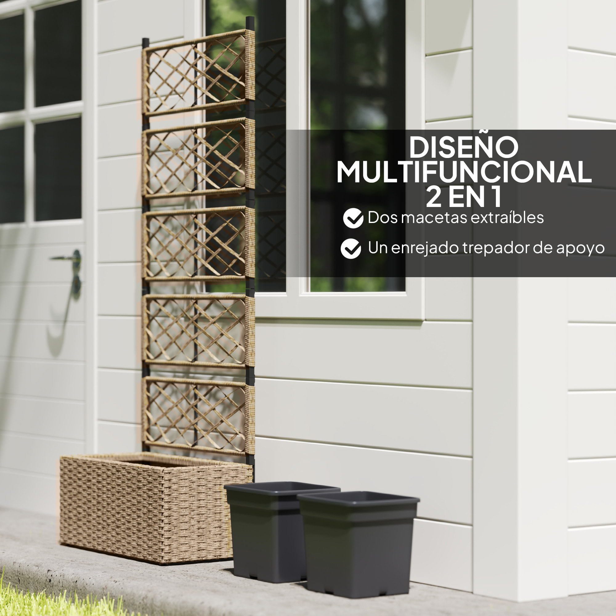 Jardinera con Enrejado de Ratán Jardinera Exterior Grande con Enrejado 2 Macetas Extraíbles para Plantas Trepadoras para Jardín Patio Terraza 57x30x150 cm Natural
