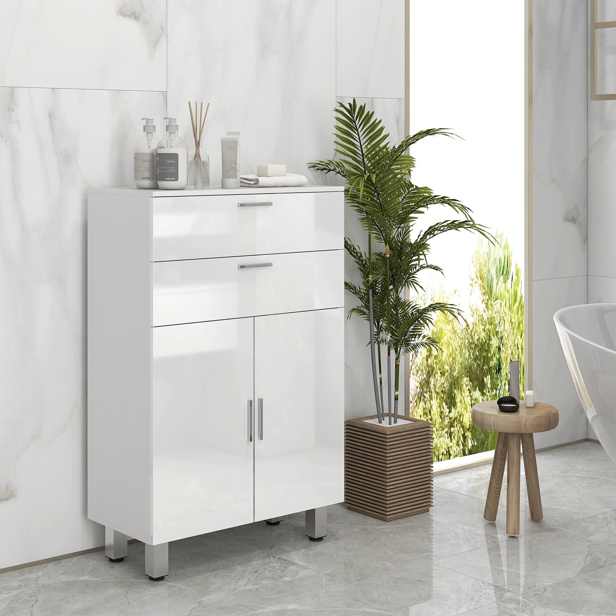 Mueble Auxiliar Baño Moderno Armario de Baño con 2 Cajones Armario y Estantes Ajustables Mueble de Almacenaje para Salón Dormitorio Antivuelco Carga 35 kg 60x30x93 cm Blanco Brillante