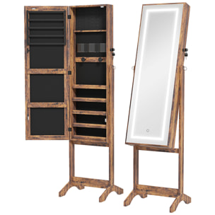 Armoire à bijoux sur pied multi-rangement avec miroir LED MDF effet bois vieilli
