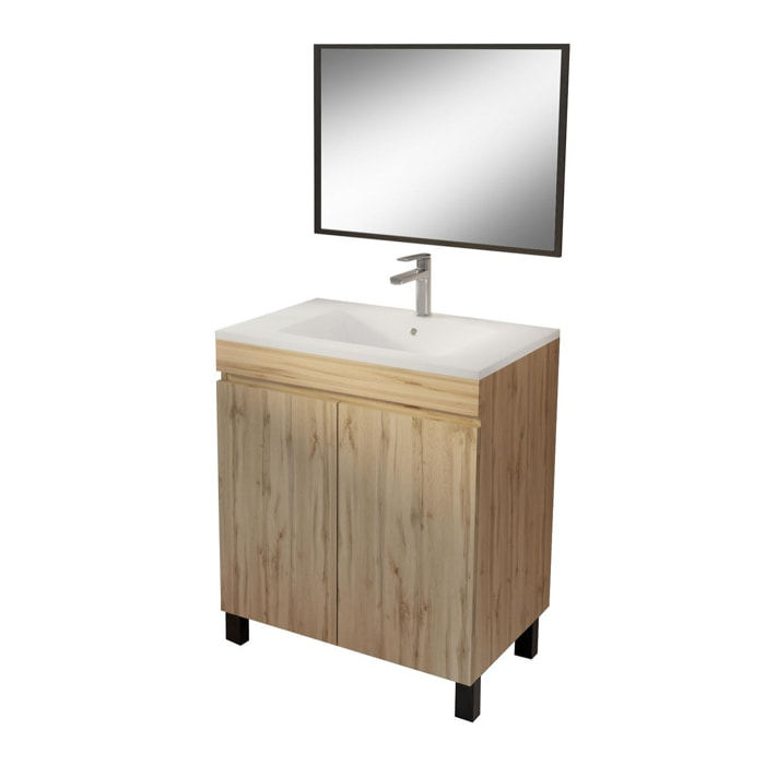 Meuble de salle de bains 70cm TIMBER Décor Chêne Naturel à Portes Vasque Blanche et Miroir 70x50
