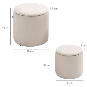 Lot de 2 poufs velours cotelé - poufs coffres 2 en 1 - poufs emboitables - Ø 40 et 30 cm - tissu crème