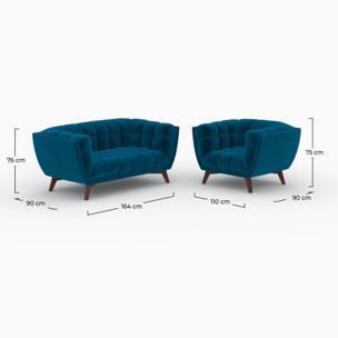 Pack canapé et fauteuil en velours bleu Mona 3 places